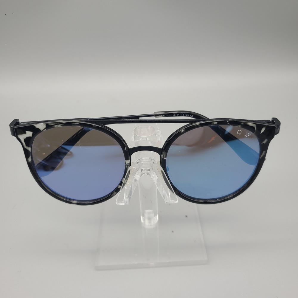Quay Australia Kandy Gram Sunglasses Black Marble Round Blue Mirrored Lens